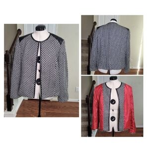 Womens Business Casual Office Open Blazer Jacket Black White Pattern Red Lining